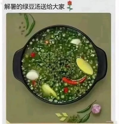 图片上方配有文字“解暑的绿豆汤送给大家🌹”，下方主体是一碗盛在黑色砂锅中的汤品。汤内漂浮着大量绿色花椒、红辣椒段、姜片和蒜瓣，整体呈现出浓郁的“麻辣”视觉效果。正常解暑的绿豆汤本应是清甜口感，而图中汤品却充满辛辣食材，形成强烈的内容反差，营造出幽默搞笑的效果。