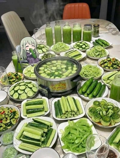 图片展示了一张摆满各式黄瓜料理的餐桌，中央是一锅冒着热气的黄瓜片火锅，周围环绕着多盘黄瓜切片、黄瓜条、螺旋状黄瓜、凉拌黄瓜以及数瓶绿色的黄瓜汁。左上角有一个动漫风格的卡通女孩（若叶睦），她有着浅绿色长发，身穿紫色连衣裙，正抱着一根黄瓜，面带满足的微笑。整体场景充满了“黄瓜主题”的趣味，展现了丰富多样的黄瓜吃法，氛围轻松活泼。