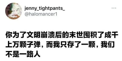 这是一张社交媒体截图，显示用户"jenny_tightpants_"（@halomancer1）发布的内容。配图包含一个动漫风格的头像，主要文字内容为："你为了文明崩溃后的末世囤积了成千上万颗子弹，而我只存了一颗，我们不是一路人"。通过对比两种极端的末世准备方式，以幽默调侃的语气暗示价值观差异。