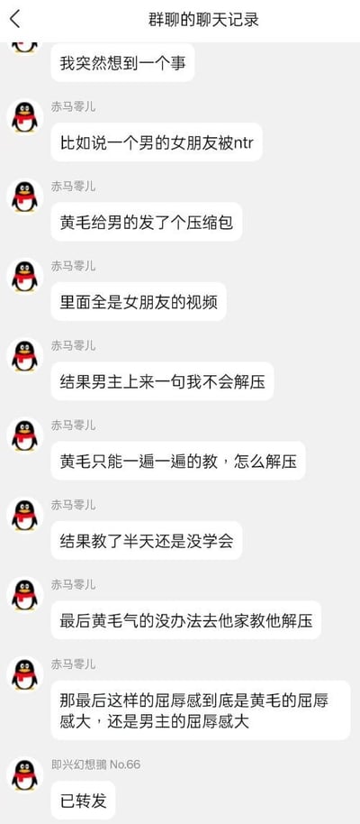 这是一张竖屏手机格式的群聊聊天记录截图，顶部标注了“群聊的聊天记录”，内容为群内用户“赤马零儿”分享了一个带有双关含义的玩梗段子：故事设定为一名男生的女朋友被黄毛NTR，黄毛给该男生发送了装满其女友相关视频的压缩包，男生表示自己不会解压，黄毛只能一次次教学解压方法，教了很久男生依然没学会，最后黄毛气的没办法直接到男生家里教他解压。分享完故事后，赤马零儿向群友抛出问题：这种情况下，屈辱感是黄毛更大还是被NTR的男主更大，最后另一位群用户“即兴幻想猠 No.66”回复了“已转发”。该段子中的“解压”是双关语，既指代解压压缩包的计算机操作，也暗含了其他语义，是网络社群中流传的趣味玩梗内容。