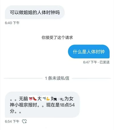 这是一张聊天记录截图，展示了一段围绕“人体时钟”展开的对话。对话开始于下午6:40，对方发送消息“可以做姐姐的人体时钟吗”，随后系统提示“你接受了这个请求”。下午6:47，自己发送蓝色气泡消息“什么是人体时钟”。在“1条未读私信”提示下方，对方于下午6:54回复：“。。无脑👄👠大🐬🍌文...为女神小祖宗报时。。现在是18点54分。。”，消息中包含多个emoji和部分模糊处理的文字，整体语言风格较为随意、调侃，疑似通过幽默方式解释“人体时钟”是为对方报时的调侃说法。