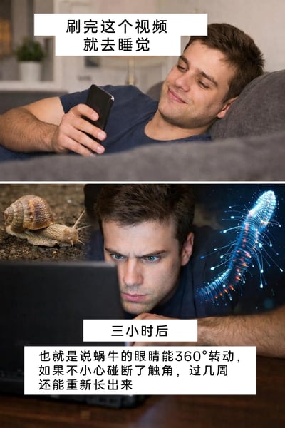 这是一张上下拼接的对比类连环图文，上半部分呈现了一位男性躺在灰色沙发上，手持手机，脸上带着轻松的笑意，配文“刷完这个视频就去睡觉”，还原了当代人睡前打算短时间浏览手机就休息的常见初始状态；下半部分是三小时后的场景，该男性趴在桌前，眼神专注且带着亢奋，正紧盯电子设备屏幕，画面旁配有蜗牛和一种发光的多足生物图像，下方配文科普蜗牛的冷知识：“也就是说蜗牛的眼睛能360°转动，如果不小心碰断了触角，过几周还能重新长出来”，生动且真实地展现了很多人原本计划睡前短时间刷手机，却因被各类科普、趣味内容吸引，不知不觉超时很久的普遍日常，精准戳中当代人睡前自律困难、容易沉迷手机的痛点。