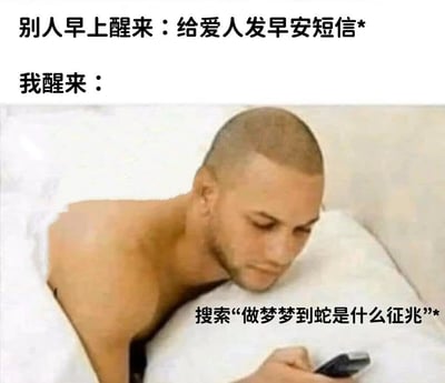 这是一张反差类搞笑图文，通过上下对比的方式呈现不同人早上醒来后的行为差异。上方文字标注“别人早上醒来：给爱人发早安短信*”，展现他人醒来后的浪漫互动；下方文字“我醒来：”搭配一张光头男性躺在床上、低头专注看手机的图片，图片下方配文“搜索‘做梦梦到蛇是什么征兆’*”，以此调侃自己醒来后更关注梦境的寓意，与他人的浪漫行为形成强烈反差，制造出诙谐幽默的效果，精准戳中部分人对梦境解读好奇的生活状态。