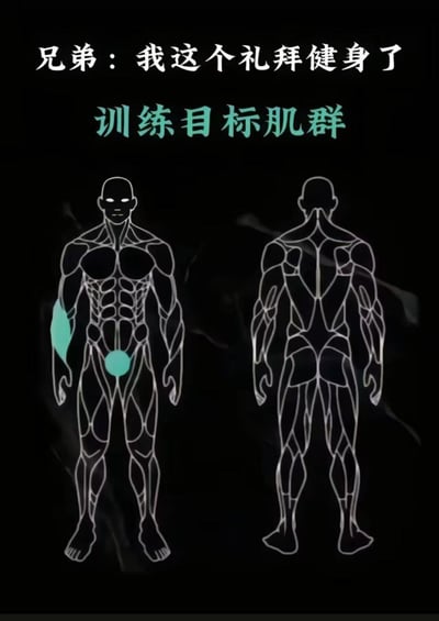 这是一张用肌肉解剖图恶搞的健身调侃梗图，配文“兄弟：我这个礼拜健身了”，下方标注“训练目标肌群”。白色的人体画像仅有左上臂和裆下区域被色块标注，暗示实际锻炼肌肉极少。此图讽刺号称健身实为划水的人，带有“自嘲、调侃、无奈”等情绪，彩色区域和“目标肌群”文字形成反差，点明本意。