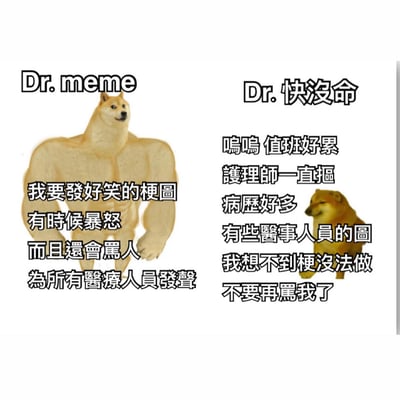 这是一张改编自'Buff Doge vs. Cheems'格式的梗图，左侧是肌肉发达的Doge，标题为'Dr. meme'，配文'我要发好笑的梗图 有时候暴怒 而且还会骂人 为所有医疗人员发声'；右侧是体型瘦小的Cheems，标题为'Dr. 快没命'，配文'呜呜 值班好累 护理师一直抠 病历好多 有些医事人员的图 我想不到梗没法做 不要再骂我了'。图片通过夸张对比，幽默地表现了医疗人员在创作行业梗图时的理想与现实差距，反映了医护工作者的辛劳与压力。