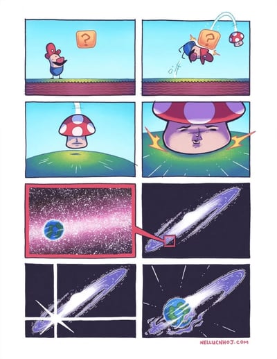 这是一幅恶搞经典游戏《超级马里奥》的连环漫画，共6格：1. 马里奥站在问号方块下方；2. 马里奥顶开问号方块后被弹飞，方块中跳出超级蘑菇；3. 超级蘑菇落到地面的凹陷处；4. 蘑菇变成巨大的拟人化形态，撑在地面上，颈部有受力的特效；5. 画面切换到宇宙，展示地球在星空中的位置；6. 一个巨大的碟状天体冲向地球；最后两格是天体撞击地球，造成毁灭性的后果。漫画通过夸张的递进式荒诞设定，将游戏中“蘑菇让角色变大”的设定放大到宇宙灾难的级别，制造出反差强烈的搞笑效果。
