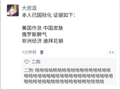 这张图片是一则社交平台上的搞笑评论截图。用户“大悲逗”用调侃式梗法自称“已经国际化”，并罗列了“美国作息、中国皮肤、俄罗斯脾气、非洲经济、迪拜花销”等属性，形成一种戏谑的“国际混合体”自嘲。随后，用户“二狗”用一连串“哈哈哈哈哈”回复，表达强烈的好笑和认同。整图氛围轻松幽默，带有夸张和自黑色彩。

本图通过“中美俄非＋迪拜”符号化拼贴，形成荒诞夸张的幽默效果，属于网络社交语言的典型梗表现。没有明显谐音、暗示或双关，但对国际要素的混搭是一种反差喜感的表达。