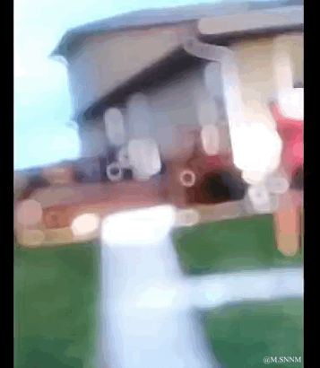 这是一段充满趣味的动态GIF，利用拍摄角度制造了强烈的视觉错位效果：房屋的屋檐、管道等外结构，在晃动的镜头下看起来像是一个动物的头部在活动，第一眼很容易被误导以为是真实的动物，仔细观察才会发现是房屋的一部分，这种错觉带来了新奇搞笑的观感。
