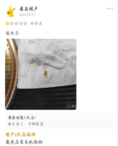 这是一张美团外卖的用户评价截图，匿名用户于2024年4月7日给商家打出一星差评，评价内容为“有虫子”，并附上一张纸巾上沾有疑似虫子的照片；商家在1天后用调侃的语气回复“春天来了，万物复苏”；用户在2天后追评“看来店里生机勃勃”，用同样的幽默风格回怼商家，形成了一段有趣的互评对话，既体现了用户对餐品卫生问题的不满，也展现了双方带有调侃意味的互动。
