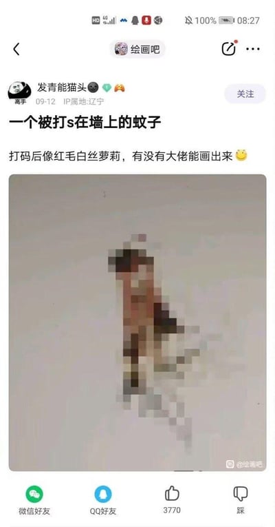 社交媒体平台"绘画吧"上的一个帖子，用户"发青能猫头"分享了一张被打在墙上的蚊子的照片。有趣的是，这只蚊子被打码处理后，其形状和颜色意外地像一个红毛白丝萝莉的剪影。发帖人询问是否有绘画大佬能根据这个创意画出对应的角色。