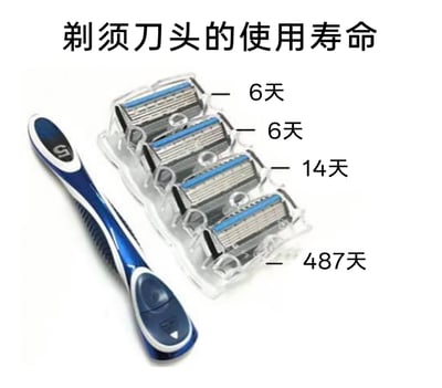 这是一张调侃手动剃须刀使用习惯的趣味梗图，图中展示了一个蓝白配色的手动剃须刀手柄，以及四个独立包装的替换刀头，图片上方配有标题“剃须刀头的使用寿命”，并为每个刀头标注了夸张的使用时长：前三个刀头分别标注6天、6天、14天，最后一个刀头标注487天。通过这种巨大的时长对比，搞笑地还原了很多使用者更换剃须刀头的真实状态——前期更换勤快，最后一个刀头会被长时间使用，以此引发有相同生活经历的用户共鸣。