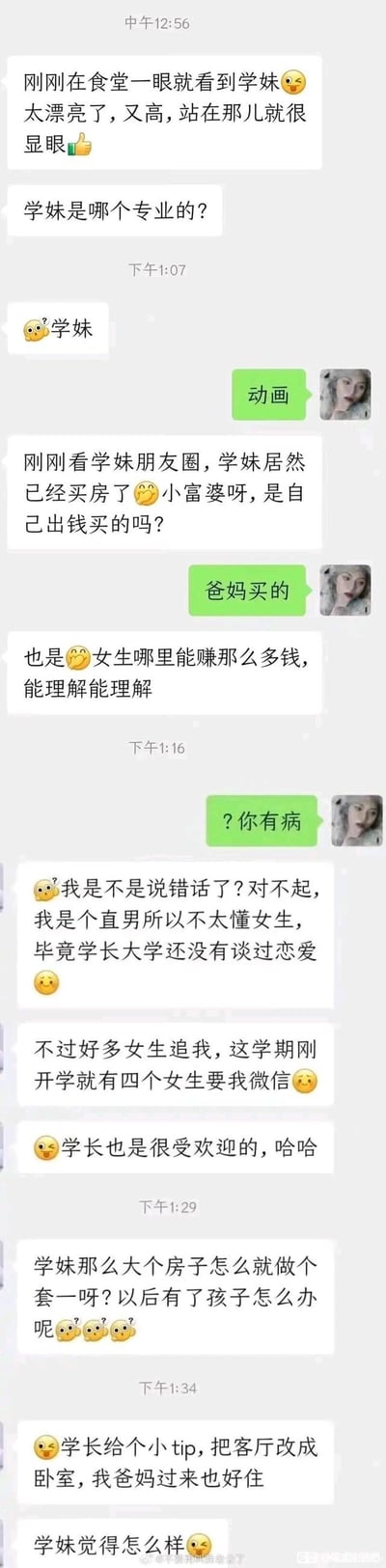 这是一段微信聊天记录截图，一位大学学长主动搭话动画专业学妹，在得知学妹的房子由父母购买后，说出「女生哪里能赚那么多钱」的性别刻板印象言论，被学妹怒怼后，又以「直男没谈过恋爱」为借口辩解，还吹嘘自己深受女生欢迎，最后甚至对学妹的房子户型指手画脚，建议把客厅改成卧室供自己父母居住。全程发言充满自我感觉良好的普信感和令人不适的性别偏见，让观者感到无语又愤怒。图中无谐音梗、双关或暗示类内容。