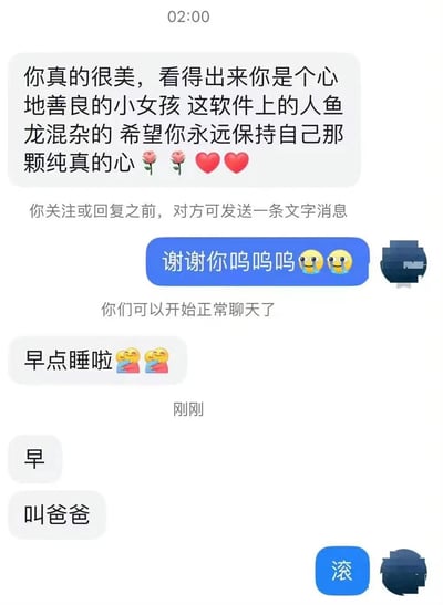 这是一张聊天记录截图，展示了一段戏剧性反转的对话。一方先发送大量赞美：'你真的很美，看得出来你是个心地善良的小女孩 这软件上的人鱼龙混杂的 希望你永远保持自己那颗纯真的心🌹🌹❤️❤️'，对方回复'谢谢你呜呜呜🥹🥹'后，系统提示可以正常聊天。随后对方依次发送'早点睡啦🤗🤗'、'刚刚'、'早'，最后突然发送'叫爸爸'，形成从温情赞美到粗鲁要求的强烈反差，充满讽刺和搞笑效果。