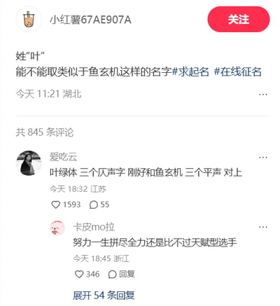 这是一张小红书平台的社交媒体截图，用户「小红薯67AE907A」发布帖子，称自己姓叶，想要求取一个类似「鱼玄机」风格的名字，并带上了#求起名 #在线征名 的话题。评论区中用户「爱吃云」回复「叶绿体」，并解释这个名字的三个字都是仄声字，刚好和「鱼玄机」的三个平声字对应，该评论获得了1593个点赞和55条回复，精准贴合了楼主想要的风格，既结合了姓氏「叶」，又在声律上形成巧妙对应，创意十足。另有用户「卡皮mo拉」评论「努力一生拼尽全力还是比不过天赋型选手」，表达对这个高赞起名回复的赞叹，整个截图展现了小红书上网友互动起名的有趣场景。
