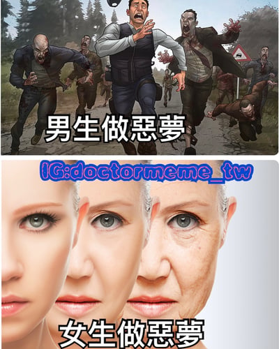 上下对比图展示男生和女生做噩梦的不同内容。上图中一名穿着背心的男子在森林道路上被多名面目狰狞的僵尸追赶，表情惊恐，配文'男生做噩梦'；下图展示同一名女性从年轻到年老的面部特写变化，配文'女生做噩梦'。通过夸张对比幽默地表现男女噩梦内容的差异。