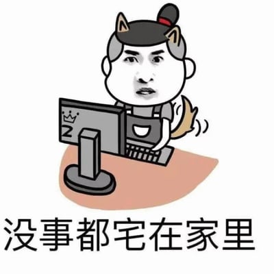 图中是一个卡通风格的角色，头部为真人面部表情，搭配猫耳、黑色帽子（带红色装饰）和灰色头发，身后有一条尾巴正在摆动。角色坐在棕色书桌前，面前放着一台带有皇冠和数字“2”标识的电脑显示器，手中还拿着一台笔记本电脑，呈现出居家使用电脑的场景。图片底部配有文字“没事都宅在家里”，整体表现了喜欢宅家的生活状态。