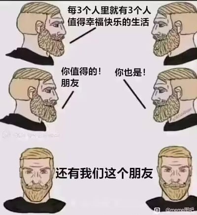 该梗图采用连环图布局，共包含6个卡通风格的胡子男头像，分三行排列（上排2个、中排2个、下排2个）。每个头像通过线条指向对应文字，传递温暖幽默的鼓励：顶部文字称“每3个人里就有3个人值得幸福快乐的生活”，中间左右分别写“你值得的！朋友”和“你也是！”，底部文字“还有我们这个朋友”。通过“3个人里有3个人”的数字玩笑，实则强调每个人都值得幸福，充满正能量。