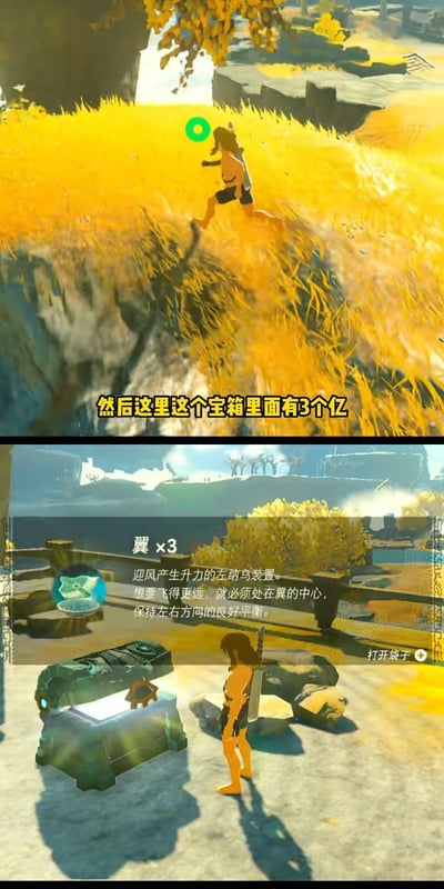 这是一张《塞尔达传说：王国之泪》的游戏截图拼接梗图，分为上下两部分：
上半部分展示主角林克在金色草地的山坡上奔跑，配文“然后这里这个宝箱里面有3个亿”，营造出宝箱藏有巨额奖励的高期待感；
下半部分则是打开宝箱后的画面，获得的是3个左纳乌飞行装置“翼”。

**谐音梗说明**：利用“翼”和“亿”的发音相同，制造出期待巨额奖励却只得到普通道具的反差搞笑效果，是玩家玩的谐音冷梗。