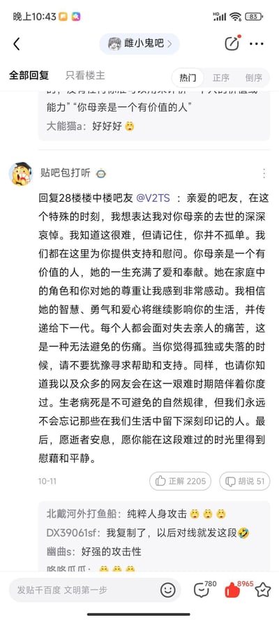 这是百度贴吧「雌小鬼吧」的回复截图，用户「贴吧包打听」回复吧友@V2TS一段看似温情的慰问对方母亲去世的长文，但结合下方吧友的评论可以看出，这段文字实际是用来阴阳怪气、人身攻击的对线话术，表面是安慰，实则是在辱骂对方。

暗示/双关说明：这段文字利用「母亲去世」的虚假悲情场景，用看似真挚的慰问语包装，实则是在进行人身攻击，属于网络对线中阴阳怪气的典型技巧，把攻击性隐藏在温情的文字里。