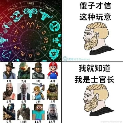 这是一张左右对比的多图拼接梗图，整体采用图文混排形式，分为四个区域。左上区域是传统的十二星座星盘图，包含双鱼座、白羊座、金牛座等十二星座的符号与图案；右上区域是一个侧脸的络腮胡男人形象，配文“傻子才信这种玩意”，表现出对传统星座学说的不屑态度。左下区域则是将1-12月替换为知名游戏角色的“专属星座”图：1月是《荒野大镖客2》的亚瑟·摩根，2月是《光环》系列的士官长，3月是《合金装备》系列的斯内克，4月是《超级马里奥》系列的马里奥，5月是《战神》系列的奎托斯，6月是《杀手》系列的47，7月是《塞尔达传说》系列的林克，8月是《光环》系列的士官长，9月是《命运2》的角色，10月是《死亡搁浅》的克里夫，11月是《我的世界》的史蒂夫，12月是《巫师3》的杰洛特；右下区域是同一个络腮胡男人，配文“我就知道我是士官长”，形成强烈反差，讽刺了部分玩家嘴上鄙夷星座，却对这种游戏角色版“星座”深信不疑的双标心态，是典型的玩家自制反差梗图。