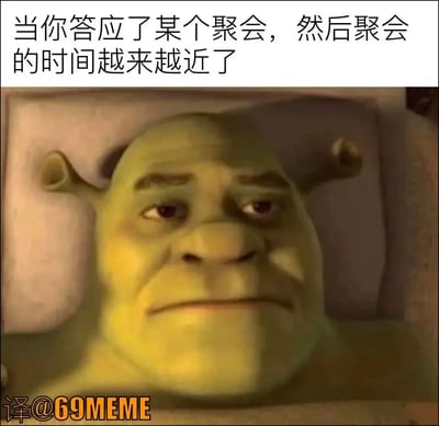 这张图上方配字：“当你答应了某个聚会，然后聚会的时间越来越接近了”。主体画面取自《海绵宝宝》中海绵宝宝平卧床上的静帧，通过这个动画人物无奈呆床的形象，表达许多人面对即将到来的聚会时的社交焦虑和内心挣扎。画面气氛让人共鸣，且用夸张场景强化内心戏，轻松幽默地表现社恐情绪。

没有谐音梗或双关，主要通过情景带出尴尬。