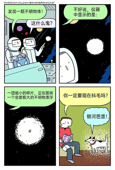 四格漫画描绘宇航员在太空中发现神秘天体，最终揭示是狗狗抖毛的幽默故事。第一格：两位宇航员在太空舱内发现不明白色球体，一人惊讶提问"这什么鬼？"；第二格：宇航员查看仪器，显示为神秘天体；第三格：仪器进一步显示"一团细小的碎片，正在围绕一个密度极大的不明物漂浮"；第四格：画面切换到室内，男人无奈质问正在抖毛的狗，狗兴奋回应"银河芭蕾！"。通过将狗抖毛的日常场景与太空探索的宏大叙事形成反差，制造幽默效果。