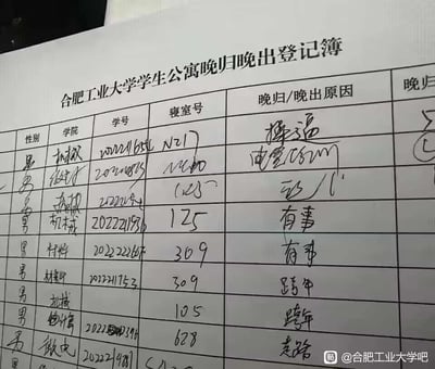 这是合肥工业大学学生公寓的晚归晚出登记簿实拍照片，表格中详细记录了多名男学生的晚归/晚出信息，涵盖性别、学院、学号、寝室号、晚归/晚出原因等栏目。登记的晚归原因多种多样，包括不文明表述、电竞赛训、跨年、有事、走路等，从“跨年”的原因能推测出这是跨年夜前后的登记记录，真实展现了该校学生的晚归情况，其中部分学生填写的不文明原因显得格外突兀。