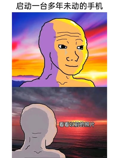 这是一张上下拼接的网络梗图，上半部分是Wojak风格的卡通人物，背景是绚烂明亮的日落景象，人物面带温和怀念的微笑，侧身看向画面右侧，配文“启动一台多年未动的手机”，传递出对旧时光的期待与憧憬；下半部分是同一个卡通人物的背影，背景是暗沉压抑的黄昏海面，配文“看看以前的照片”，精准还原了人们打开旧设备翻看老照片时，从最初的期待转变为被回忆裹挟的怅惘、伤感的情绪变化，引发人们对过往时光的共鸣。