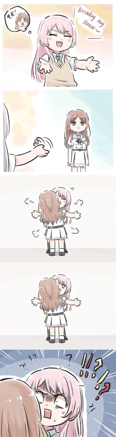 这是一组温馨的四格漫画，讲述了粉色头发的女孩向棕色头发的女孩请求生日拥抱的故事。第一格中，粉发女孩面带笑容张开双臂，说着“Birthday hug please~”并在心里想着“EE!”；第二格显示棕发女孩双手交握，表情略带无奈；第三格和第四格展示了粉发女孩从背后抱住棕发女孩的场景；最后一格是粉发女孩抬头惊讶的特写，周围有许多感叹号和问号。整个漫画风格可爱，色彩柔和，展现了少女间温暖的互动。