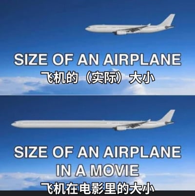 图片为上下对比图，上方展示现实中飞机的正常大小，配有文字'SIZE OF AN AIRPLANE'及中文'飞机的（实际）大小'；下方展示电影中被夸张拉长的飞机大小，配有文字'SIZE OF AN AIRPLANE IN A MOVIE'及中文'飞机在电影里的大小'，通过夸张手法幽默对比现实与电影中飞机尺寸的差异。