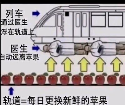 这是一张内涵谐音梗网络迷因图，采用简笔搭配文字标注的形式创作：画面上方是简笔画绘制的列车，箭头搭配文字标注说明“列车通过医生浮在轨道上”；列车下方轨道位置绘制了两位穿白衣的医生形象，箭头搭配文字说明“医生自动远离苹果”；画面最下方将一整排排列整齐的红苹果作为轨道，底部箭头标注文字说明“轨道=每日更换新鲜苹果”。该图拆解“磁悬浮列车”玩谐音内涵梗，暗指男性包皮环切手术后每日换药护理的相关场景。