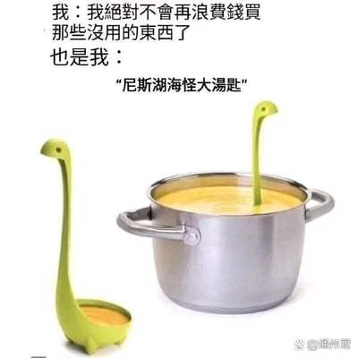 这是一张图文混排的搞笑梗图，通过文字与图片结合的方式，展现了消费者的“真香”反差行为。上方文字分为两部分，第一部分是“我”信誓旦旦地表示“我绝对不会再浪费钱买那些没用的东西了”，第二部分“也是我”则指向一款名为“尼斯湖海怪大汤匙”的创意产品。图片下方展示了这款汤匙的实际使用效果：汤匙整体设计为尼斯湖海怪的造型，长长的脖颈状勺柄搭配海怪头部，当把汤匙放在盛有汤的金属锅里时，海怪的头部从汤面探出，还原了尼斯湖海怪传说中的场景，造型新奇有趣。整张图用这种前后矛盾的对比，调侃了很多人嘴上说着要理性消费，却会被充满创意的新奇物品吸引、忍不住花钱购买的日常状态，贴近生活，容易引发大众共鸣。