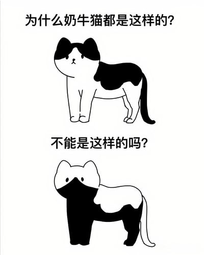图片展示了两只不同毛色分布的奶牛猫线稿图，上方猫咪头部和背部为黑色，身体其余部分为白色，配文'为什么奶牛猫都是这样的？'；下方猫咪面部和四肢为黑色，身体其余部分为白色，配文'不能是这样的吗？'。通过简单的黑白线条对比了两种不同毛色分布的奶牛猫，以幽默的方式表达了对奶牛猫常见毛色分布的疑问。