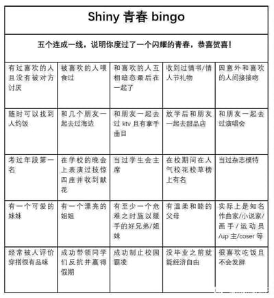 这是一张名为“Shiny青春bingo”的趣味互动表格，采用5x5的规整格子布局，顶部明确标注了游戏规则：“五个连成一线，说明你度过了一个闪耀的青春，恭喜贺喜！”。表格内的25个格子分别对应了不同的青春“闪光经历”，覆盖了多个维度：情感经历类如“有过喜欢的人且没有被对方讨厌”“和喜欢的人互相暗恋最后在一起了”；校园社交类如“和朋友一起去过演唱会”“随时可以找到人约饭”；个人成就类如“考过年段第一名”“没毕业之前就能经济自由”；家庭关系类如“有温柔和睦的父母”“有一个可爱的妹妹”；还有个人特质与特殊经历类如“经常被人评价穿搭很有品味”“成功制止校园霸凌”等，通过bingo的形式让使用者对照自身经历，趣味化地判断自己是否拥有“闪耀的青春”。