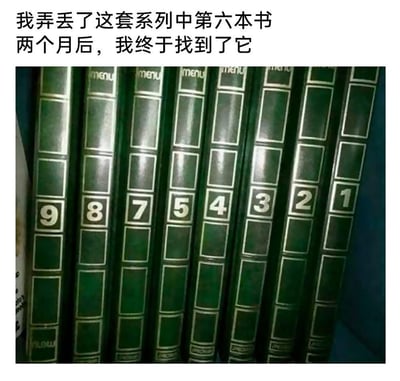 这是一张冷幽默梗图，上方配文“我弄丢了这套系列中第六本书 两个月后，我终于找到了它”，下方展示了一排绿色的系列书籍，书脊编号依次为9、8、7、5、4、3、2、1，编号为6的书籍依然缺失。配文和画面形成强烈反差，看似找回了丢失的书，实际上它根本不在，用这种反差制造出无语又搞笑的冷幽默效果。