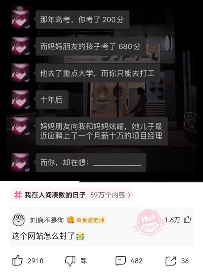 这是一张反套路的搞笑梗图，上半部分以聊天记录的形式呈现一个常见的“高考分数差距”段子：高考时“你”考200分只能打工，妈妈朋友的孩子考680分上重点大学；十年后对方妈妈炫耀儿子当上月薪十万的项目经理，留下空白等待“逆袭”的常规结局。下半部分则是皮皮虾用户“刘康不是狗”的神评“这个网站怎么封了”，打破常规逆袭预期，暗示“你”是招聘该项目经理的一方，网站被封后对方将失去工作，用黑色幽默的反转制造笑点，获得1.6万点赞。