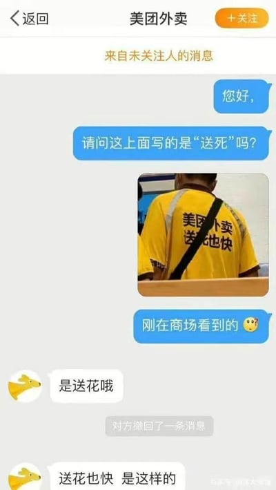 这张图是一组聊天截图和生活照的组合，截图内容为用户给美团外卖客服发消息，询问外卖员背后衣服上是否真的写着“送死”。实际上，衣服上的字应该是“送花地快”，但由于字体设计和叠加，远看容易看成“送死”，引发用户误会。客服回复表示其实是“送花喔”，说明是鲜花配送业务的一部分。这种错读产生了幽默效果，戳中大众的笑点。

**谐音梗/双关：** “送花地快”因排版与字体问题被看成“送死”，属于视觉误读谐音梗，也有些自嘲与无奈的味道。
