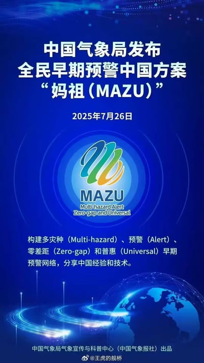 这是2025年7月26日中国气象局发布的全民早期预警方案宣传海报，方案命名为“妈祖(MAZU)”，其英文缩写对应Multi-hazard（多灾种）、Alert（预警）、Zero-gap（零差距）、Universal（普惠）。海报以深蓝色科技感背景为主，中间设计有MAZU的专属标识，下方文字说明该方案旨在构建多灾种、预警、零差距和普惠的早期预警网络，向全球分享中国在气象预警领域的经验和技术。