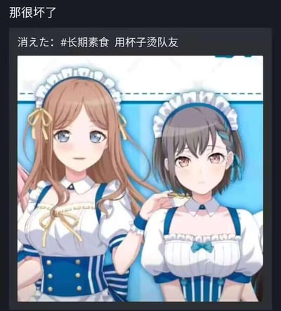 这是一张ACG圈的玩梗图，图中是《世界计划 多彩舞台 feat. 初音未来》里MORE MORE JUMP!组合的花里实乃里与桐谷遥，身着女仆装的角色截图被配上了离谱的文字：“#长期素食 用杯子烫队友”，顶部还有评论“那很坏了”，用无厘头的标签搭配可爱的二次元角色制造搞笑反差，没有双关或谐音梗，属于单纯的离谱整活类梗图。