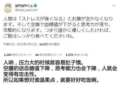该图片为社交媒体截图，内容是日本用户@ぱやぱやくん（@paya_paya_kun）的一条Twitter推文及其中文翻译。推文原文用日语阐述：人在压力大时容易饥饿，空腹会导致血糖下降、思考能力降低并变得有攻击性，因此想对人温柔就要好好吃饭。截图中包含推文发布时间（2023年1月27日午后7:02）、互动数据（14.5万点赞、1230转发等），下方配有完整中文翻译文本。