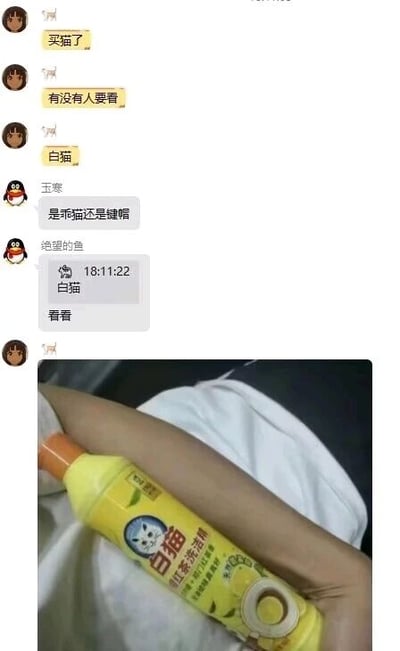 这是一张图文混排的趣味内容，上半部分是QQ群的聊天记录截图：一位用户先发送消息“买猫了”，接着询问群友“有没有人要看”，随后说出“白猫”；用户“玉寒”回复询问“是乖猫还是键帽”；用户“绝望的鱼”则回复“18:11:22 白猫 看看”，表达了想要看“白猫”的意愿。下半部分是一张实物拍摄图，一只手臂抱着一瓶白猫红茶洗洁精，将洗洁精模仿成宠物猫的样子被抱着，以此玩了“白猫”的谐音梗——把日常清洁用品白猫洗洁精，和群友以为的宠物白猫混淆，制造出反差感，达到搞笑的效果，是网友在社交群里的整活行为，用来活跃群内氛围。