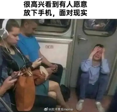 地铁车厢内，多数乘客低头使用手机（一人戴耳机看手机，一人手持物品），唯独一名乘客蹲坐在车门附近，双手抱头，表情痛苦。图片上方配有文字“很高兴看到有人愿意放下手机，面对现实”，通过反差形成讽刺效果，暗示“面对现实”可能带来的崩溃感，幽默地反映了现代人对手机的依赖与逃避现实的心态。