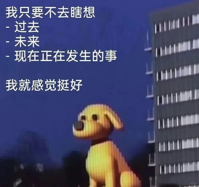 这是一张图文结合的静态梗图，画面主体是一只3D风格的黄色小狗，它静坐在雨夜的城市建筑旁，神情平静茫然。图中配文“我只要不去瞎想-过去-未来-现在正在发生的事我就感觉挺好”，精准传递出当代人想要摆脱精神内耗、通过放空自我来获得内心平静的佛系心态，落寞的画面与略带摆烂感的文字相结合，很容易引发当代年轻人的情感共鸣，常被用作表达逃避焦虑、不想思考的情绪的表情包。
