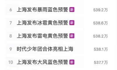 这张图片显示了一个热搜榜单的截图，上面列出了上海地区的多个天气预警信息和一条娱乐新闻。榜单显示上海同时发布了暴雨蓝色预警、冰雹黄色预警、雷电黄色预警和大风蓝色预警，每条预警信息旁都有一个紫色的"新"字标识。在这些天气预警中间，夹杂着一条娱乐新闻"时代少年团合体亮相上海"，显示出自然灾害预警与娱乐新闻在热搜榜上同时出现的有趣对比。