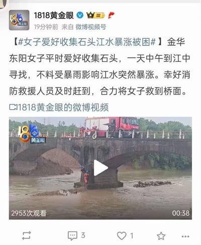 这是微博账号“1818黄金眼”发布的民生新闻截图，内容为浙江金华东阳一名爱好收集石头的女子，中午到江中寻找石头时，因暴雨导致江水突然暴涨被困在桥墩处，最终被及时赶到的消防救援人员合力救到桥面。配图为救援现场的视频预览截图，画面中能看到浑浊的江水、桥底桥墩处的救援人员，桥上停着红色消防车，整体场景展现了救援的紧急状态。