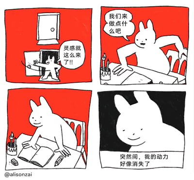 这是一幅由创作者@alisonzai创作的四格卡通漫画，主角是一个拟人化的白色兔子。第一格中，兔子兴奋地打开门，大声宣告“灵感就这么来了!!”，展现出获得创作灵感的激动；第二格兔子坐在书桌前，给自己鼓劲“我们来做点什么吧”，充满行动力；第三格兔子摆开书本、文具，准备开始创作，神态轻松愉悦；第四格画面转为黑底，兔子瘫软下来，配文“突然间，我的动力好像消失了”，精准刻画了创作者或是有计划做事的人，在灵感乍现后迅速失去行动力的普遍困境，用幽默的方式戳中了很多人在创作、工作时的共鸣点。