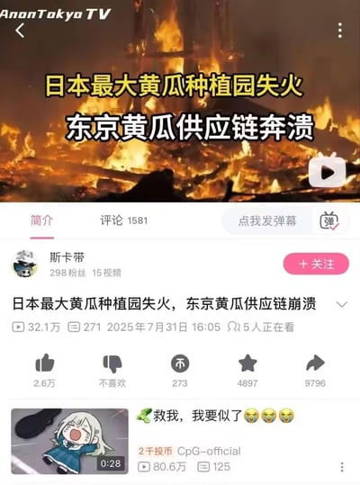 这是一张哔哩哔哩（B站）的视频页面截图，主视频标题为「日本最大黄瓜种植园失火，东京黄瓜供应链崩溃」，封面是熊熊燃烧的火灾现场，视频由用户「斯卡带」发布，播放量32.1万，发布于2025年7月31日。页面下方关联了用户「CpG-official」制作的二创视频，视频封面是二次元卡通角色，配文「🥒救我，我要似了😭😭😭」，玩了谐音梗：「似了」是「死了」的谐音，夸张地表达了对东京黄瓜供应链崩溃的「绝望」情绪，属于对国际新闻事件的二次元玩梗创作。