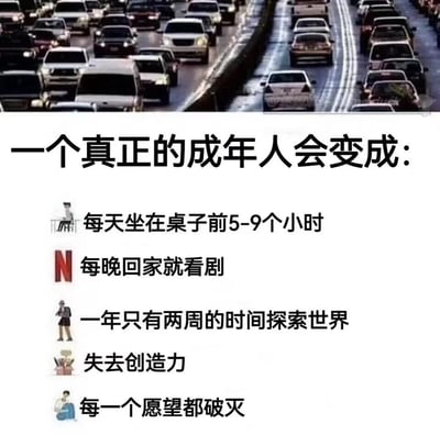 图片上半部分展示严重拥堵的交通场景，大量汽车停滞不前，象征着成年人被生活困住的状态；下半部分以文字形式列出“一个真正的成年人会变成”的内容：每天坐在桌子前5-9个小时、每晚回家就看剧、一年只有两周的时间探索世界、失去创造力、每一个愿望都破灭。整体通过交通拥堵的视觉符号与扎心文字结合，以讽刺口吻描绘现代成年人单调压抑的生活现状，引发对工作与生活平衡的共鸣与反思。