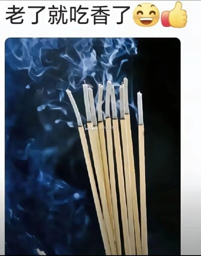 这是一张玩谐音梗的搞笑梗图，图片上方配有文字“老了就吃香了”，搭配眯眼大笑的表情和点赞手势，下方是一组正在燃烧、冒着青烟的香。这里运用了双关手法：“吃香”原本的含义是指人受欢迎、受重视，而图中字面化解读为当人老去之后，会被后人供奉上香，用黑色幽默的方式调侃了这个说法，形成反差搞笑的效果。