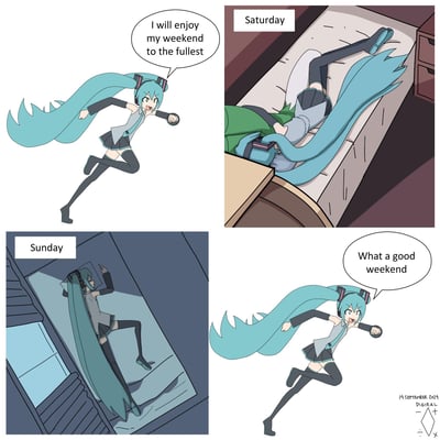 这是一张以虚拟歌手初音未来为主角的四格连环梗图，精准还原了当代年轻人的周末现状：
1. 初始画面里初音斗志满满地喊出「I will enjoy my weekend to the fullest」（我要尽情享受周末），元气十足；
2. 周六直接躺平在床上摆烂，完全没有出门的打算；
3. 周日继续在床上睡大觉，彻底躺平；
4. 周末结束后，初音又元气满满地感叹「What a good weekend」（多么棒的周末啊）。

梗点在于完美戳中了很多人「计划满满却实际躺平度过周末，还觉得无比满足」的真实状态，引发强烈共鸣。